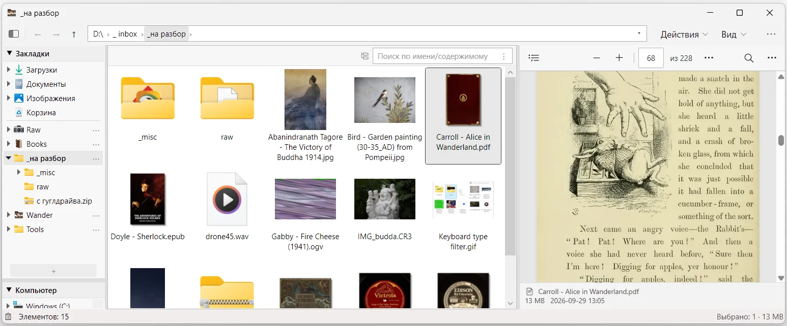Главное окно: слева закладки и дерево дисков, в середине папка значками, справа панель просмотра с PDF