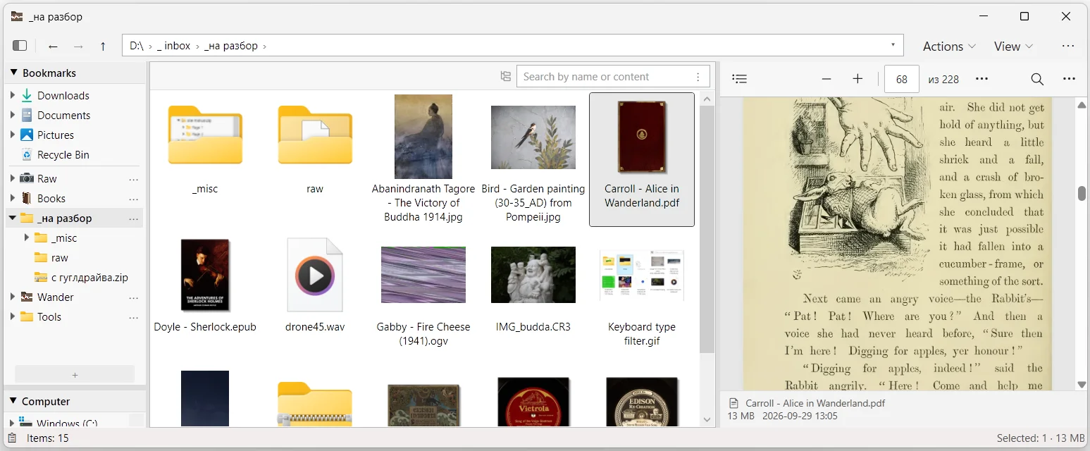 Main window: bookmarks and the drive tree on the left, a folder as icons in the middle, the Preview pane with a PDF on the right